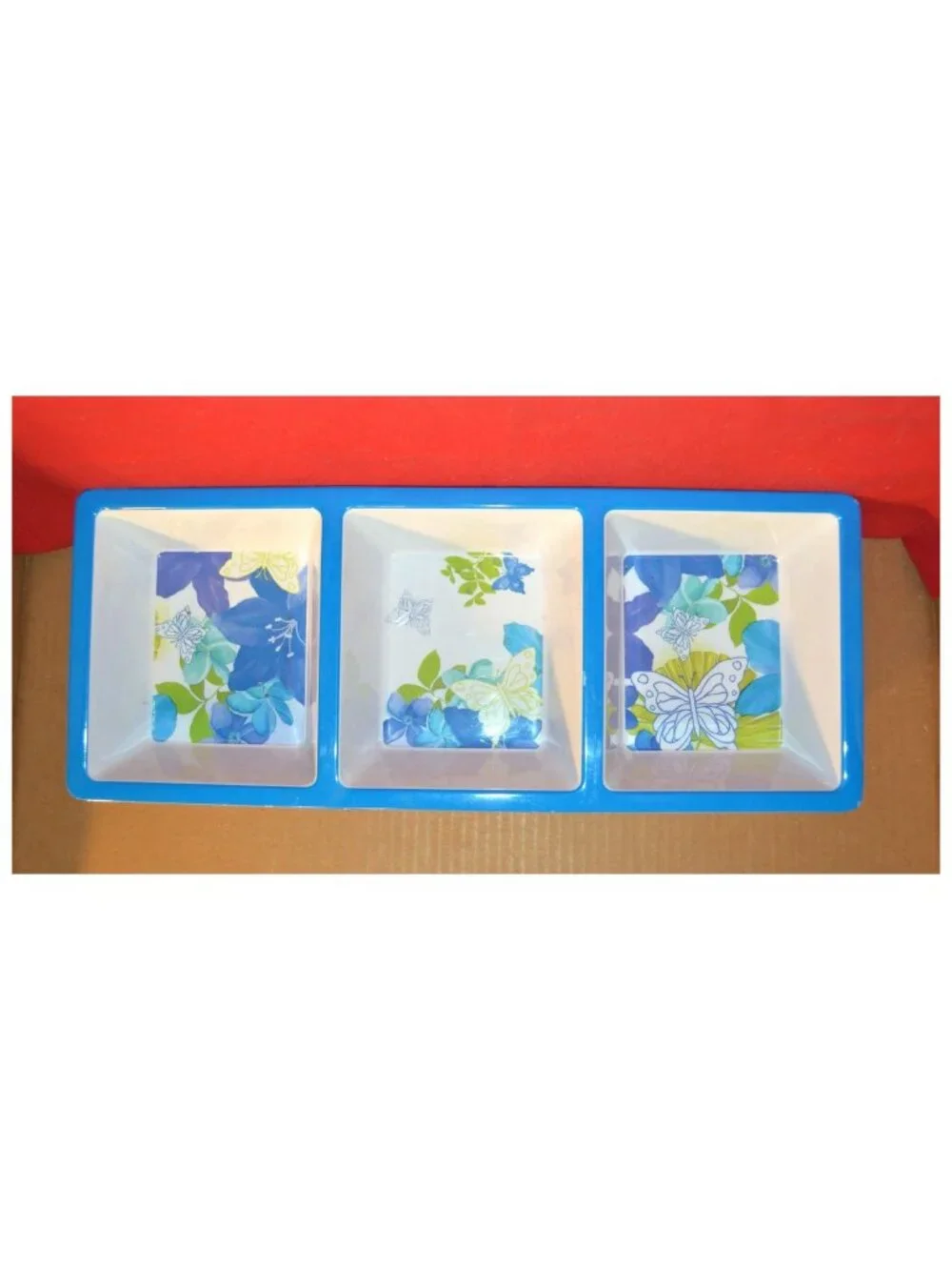 3 Compartment Condiment Dip Sauce Serving Tray Butterflies Melamine ~14-3/4
